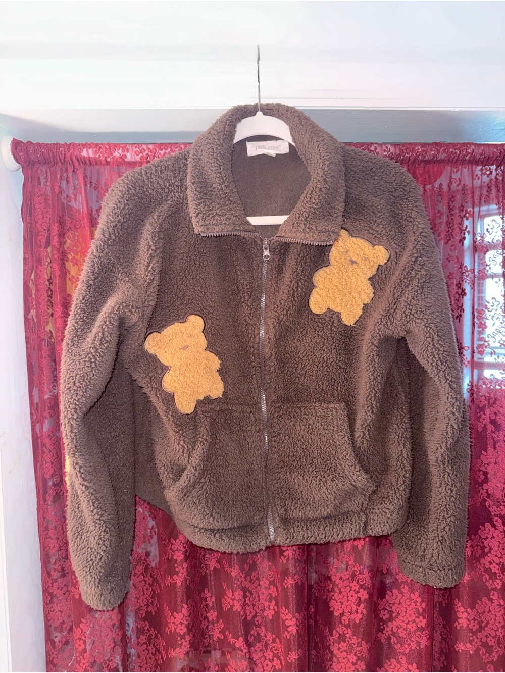Pink Rose Brown Teddy Appliqué Sherpa Puffer Jacket